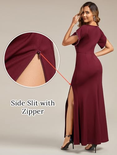 Ever-Pretty Women's V Neck Adjustable Zipper Side Slit Short Sleeves Maxi Length Mermaid Formal Dresses with Beaded 024832
