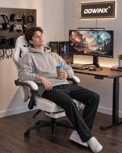 Image of Dowinx Gaming Chair Breathable Fabric Computer Chair with Pocket Spring Cushion, Comfortable Office Chair with Gel Pad and Storage Bag,Massage Game Chair with Footrest,Beige