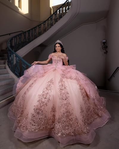 Mauuwy Princess Ruffles Quinceanera Dresses with Bow Puffy Lace Crystal 15 Dresses for Quinceanera Layered Tulle Ball Gown4