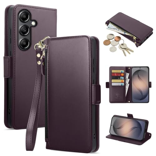 COBEAR for Samsung Galaxy A14 Case Wallet, Pu Leather Flip Phone Case with Wrist Strap, Zipper Pocket, Kickstand, Women Men Phone Wallet Case with Card Holder for Samsumg A14,Purple