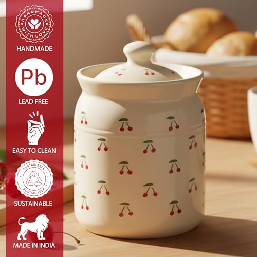 Image of Cherry Printed Ceramic Handglazed Pickle Jars Set of 1-1000 ML Each | 1 kg Achaar Martban Barni Jar with Lid | Ceramic Storage Jar Container Pickle /Achar, Chatney