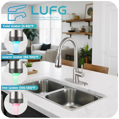 Image of LED Kitchen Faucet with Pull Down Sprayer - Brushed Nickel Single Handle Kitchen Faucets, High Arc Stainless Steel Pull Out Kitchen Sink Faucet with Deck for RV Laundry Farmhouse Bar