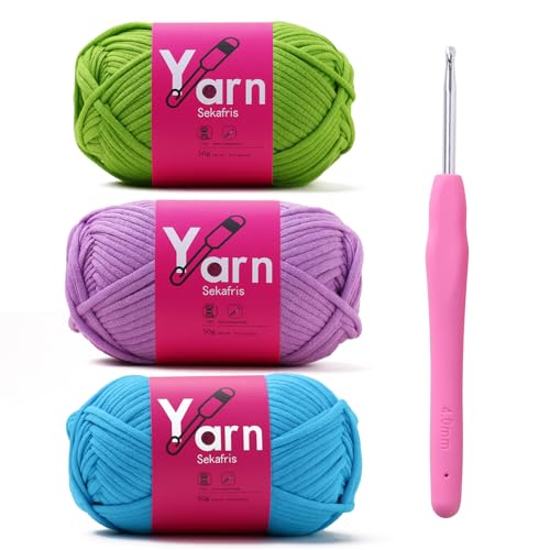 Image of Crochet Yarn 150g /163.5yds Cotton Yarn for Crocheting - Crochet Knitting Yarn for Beginners with Easy-to-See Stitches - Yarn for Crocheting - Chunky Yarn (Emerald Green+Pale Purple+Lake Blue)