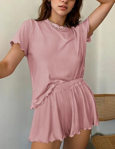 Image of Ekouaer Womens Pajamas 2 Piece Ribbed Knit Pjs Short Sleeve Sleepwear Set Summer Soft Pajamas Set Casual Lounge Sets