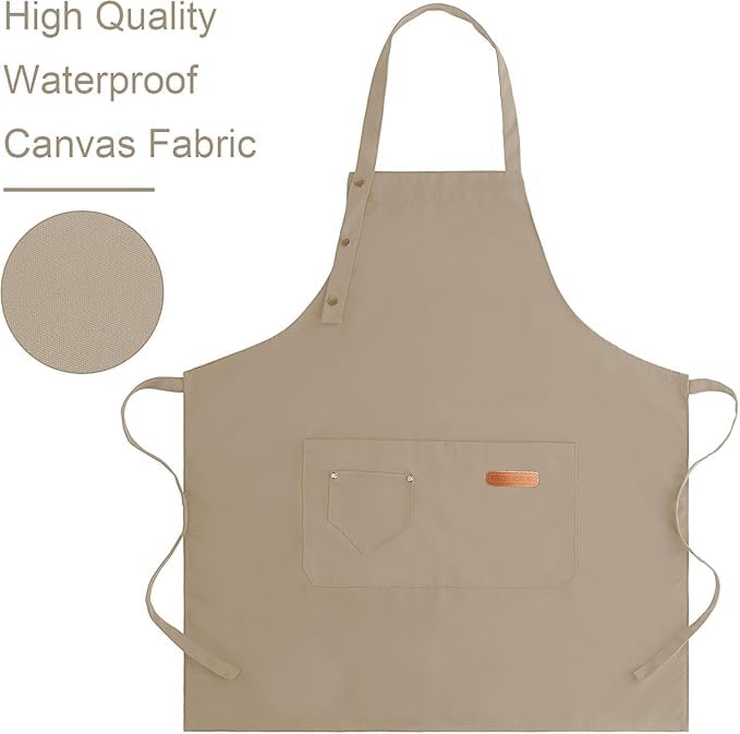 Image of Adjustable Canvas Cotton Apron with Large Pockets, Waterproof Bib Apron for Cooking and Kitchen