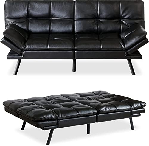 MUUEGM Futon Sofa Bed Memory Foam Futon Couch Bed Convertible Sofa Bed Sleeper Couch Modern Faux Leather Futon for Living Room Apartment Compact Spaces,Adjustable Backrest Armrests,Black