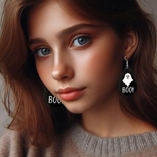 BOO Ghost Cute Halloween Earrings for Women Leather Horror Dangle Outfits Accessories2