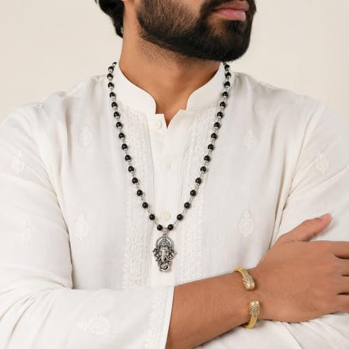 Image of Karungali Malai 8mm Certified with Vakratunda Ganesha Pendant Silver Plated | 54 Beads Authentic Black Ebony Wood Mala with German Silver Cap | Spiritual Protection Chain for Men & Women