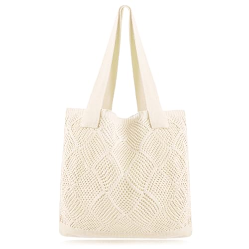 Image of COOKOOKY Lined Crochet Tote Beach Shoulder Bag Women Casual Work Shopping | Lined crochet tote with soft structure, perfect for beach, work, shopping. Roomy & lightweight for daily use.