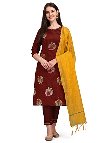 Image of VredeVogel Cotton Silk Blend Straight Embroidery Kurta Pant and Dupatta Set for Women