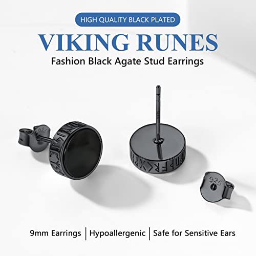 Vintage Viking Rune Earrings Black Norse Runic Studs Retro Dainty Jewelry With Black Onyx For Men Women Gift #TOP7