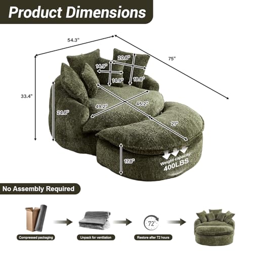 Image of 54 inch Round Chaise Lounge with Ottoman Big Bean Bag Round Sofa Bed Oversized Round Couch Boneless Reading Chair Comfy Plush Chenille Large Chaise Chair for Living Room, Apartment, Green