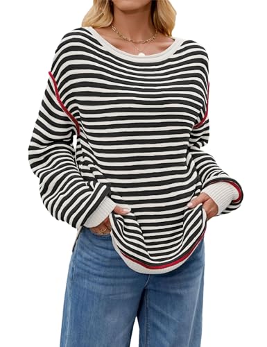 Womens Long Sleeve Striped Sweaters Casual Warm Crew Neck Knit Pullover Sweater Tops