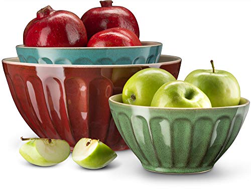 Kook Nesting Serving & Mixing Bowls, Ceramic Kitchen Bowls, For Salads, Fruit, Popcorn, Microwave And Dishwasher Safe, Red/Blue/Green, 1/2/4 Qt, Set Of 3 #TOP3