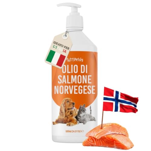 Petsly® Olio di Salmone per Cani e Gatti -1L- Norvegese 100% Selvatico - Ricco di Omega 3, 6, 9, Vitamina E - Pelo Lucente, Pelle Sana, Articolazioni Forti, Sistema Immunitario - Flacone a Pompa