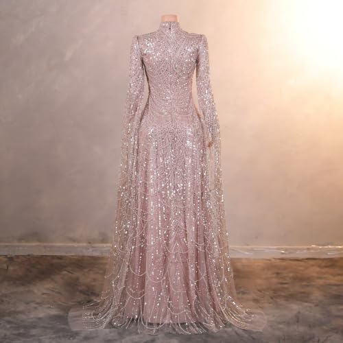 Datangep Luxury Pearl Prom Dresses Long Sleeves Mermaid Evening Dress High Neck Trumpet Formal Party Gowns2