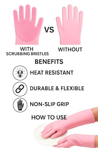 Image of Gloves Magic Silicone Dish Washing Gloves, Silicon Cleaning Gloves, Silicon Hand Gloves for Kitchen Dishwashing and Pet Grooming, Great for Washing Dish, Car, Bathroom (Pink, 1 Pair)