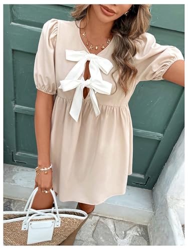 SweatyRocks Women's Bow Puff Short Sleeve Dress Tie Front A Line Babydoll Dresses3