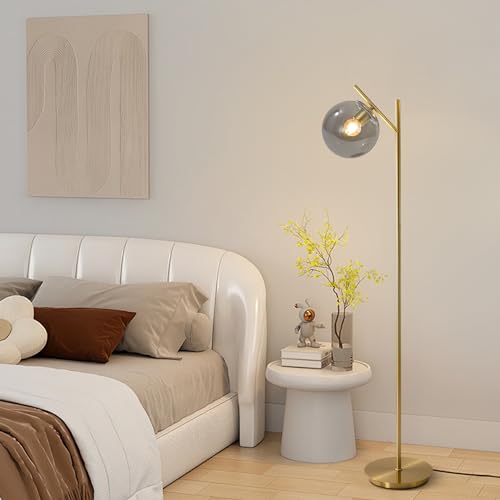 Image of Farmhouse Floor Lamp Retro Smoky Gray Glass Standing Tall Lamps Vintage Brass Freestanding Floor Lamps Adjustable Globe Floor Lamp for Office Bedroom