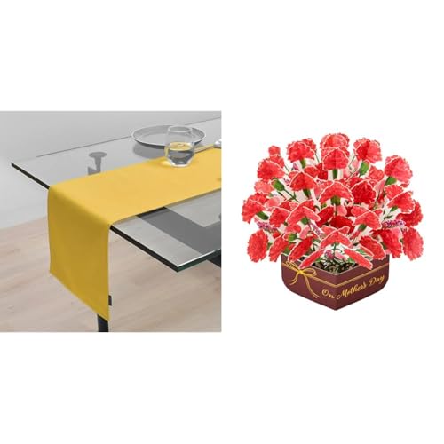 【母の日セット品】リバーシブルタイプ テーブルランナー・テーブルセンター (30cm×130cm) 綿100% 無地オックス・シトロンイエロー W2603110 +サンリオ メッセージカード 立体 鉢植えカーネーション