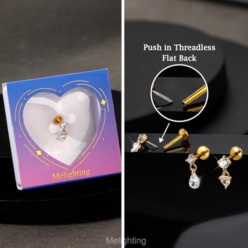 Melighting 14K Solid Gold Dangle Helix Earring Titanium Threadless Push In Earring 16G Gold Flat Back Earring 6/8 mm Cartilage Earring Conch Piercing Jewelry4