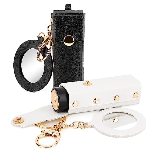Adorila Lot de 2 organiseurs de rouge à lèvres en cuir avec miroir pour femme, sac portable pour baume à lèvres pour voyage (noir et blanc)