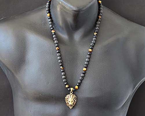 Lion Necklace Men's Natural Tiger Eye Beads Necklace Onyx,Lava Beads Necklace Macrame Beaded Necklace Big Lion Pendant Necklace For Men - Image 4