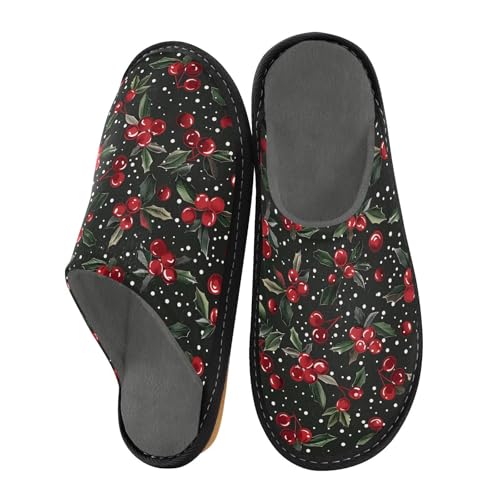 Slippers for Women Christmas Red Cherry Pattern Soft Winter Warm Shoes Indoor Outdoor Non-Slip House Travel Slippers