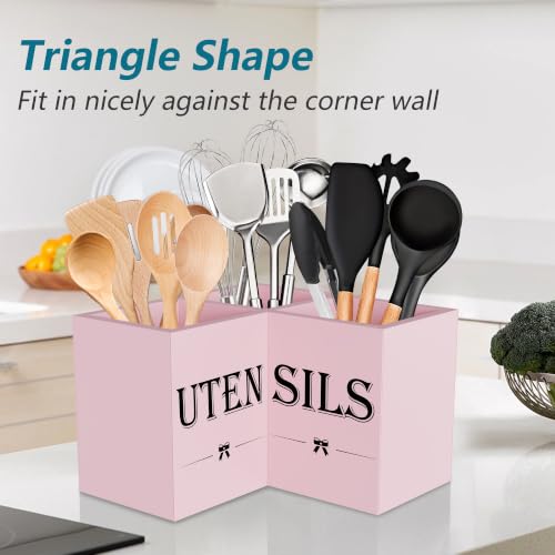 Image of Suli Extra Large Cute Kitchen Utensil Holder with 3 Compartments,Corner Utensil Caddy for Countertop,Wooden Utensil Organizer for Kitchen Countertop, Farmhouse Decor- Pink