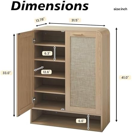 Rattan Shoe Cabinet with Doors - 6-Tier Wooden Shoe Organizer Rack, Adjustable Shelves for Stylish Storage, Modern Entryway Furniture, Space-Saving Design