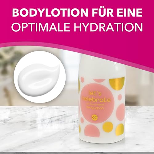 accentra - Let's celebrate Geschenkset Frauen in Plastik Sekt-Fläschchen - Bade- & Duschset mit Tea Rose & Velvet inkl. Duschgel, Bodylotion & Badesalz - 3-Teiliges Wellness Set für Damen & Mädchen – Bild 6