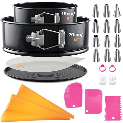 Round Baking Tins for Cakes | 47Pcs Cake Baking Tins Set for Home Bakers with Reusable Piping Bags and Nozzles Scrapers Parchments 6 & 8 Non-Stick Deep Loose Bottom for Cheesecakes Birthday