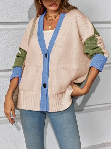 Saodimallsu Womens V Neck Cardigan Sweaters Color Block Button Oversized Long Sleeve Open Front Knit Sweater Coats3