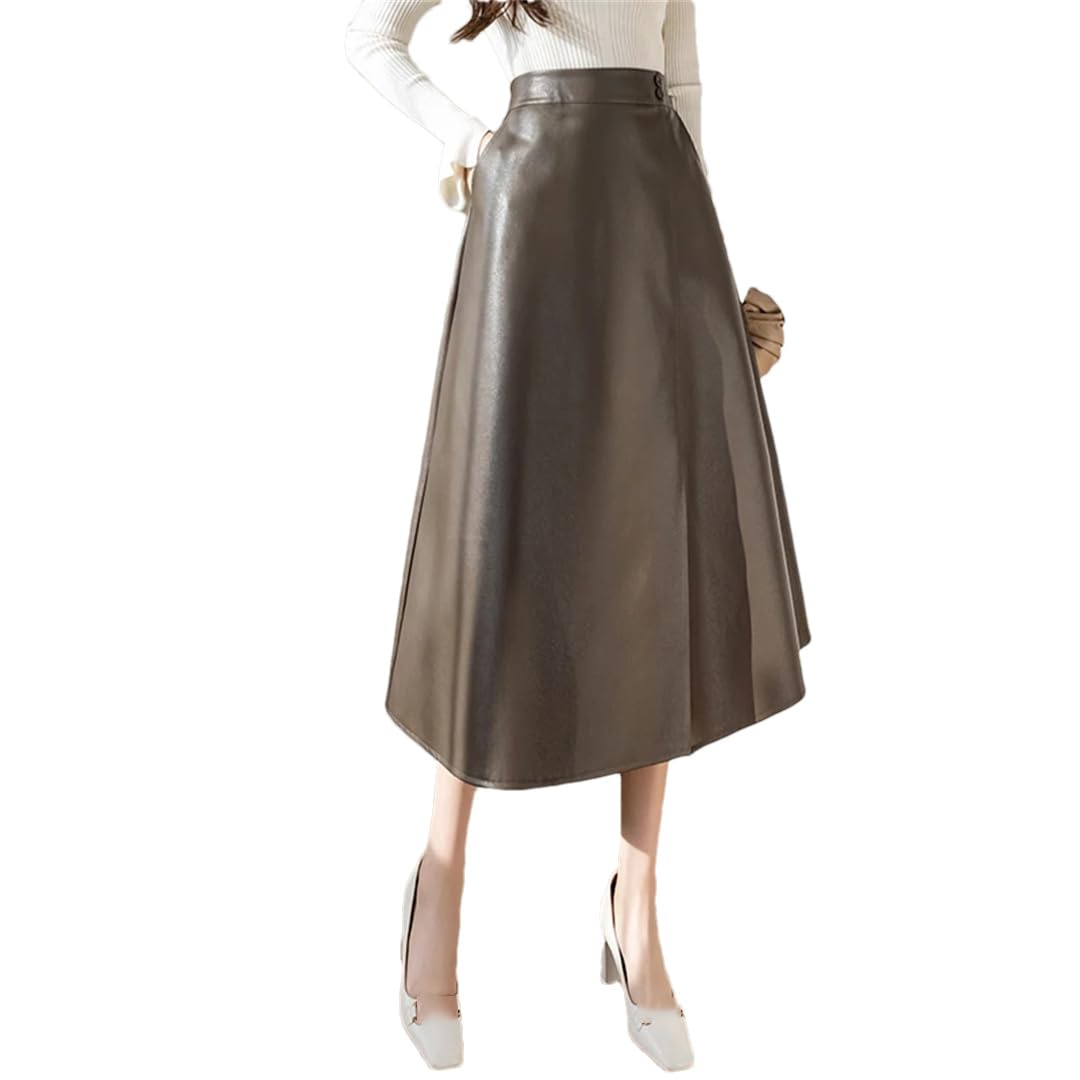 Autunno Inverno PU Faux Leather Donna Gonne Lunghe Elastico Vita Alta Vintage A-Line Gonne