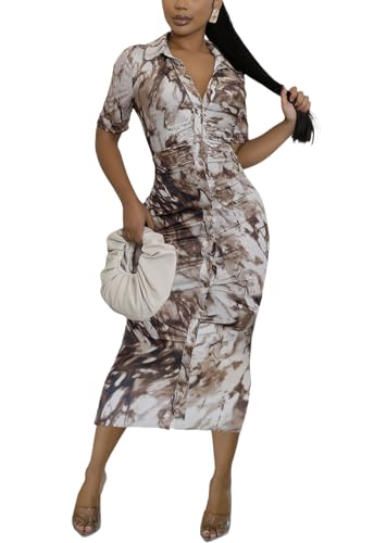 Image of ZERMOM Women's Button Down Shirt Dress Short Sleeve Print Collar V Neck Summer Bodycon Midi Dresses