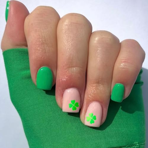 St Patrick's Day Press on Nails Short Square Green Four Leaf Clover Fake Nails Stick on Nails Cute False Nails Shamrock with Designs Reusable Artificial Nails for Women Manicure Art Decorations 24Pcs
