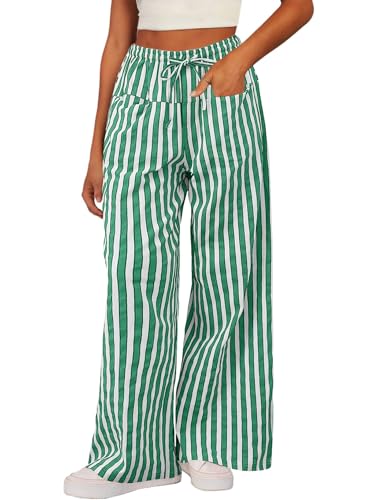 Acelitt Women's Casual Striped Color Block Pants Drawstring Elastic Waist