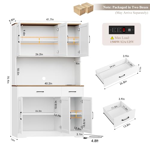 HOSTACK 71" Pantry Cabinet with Charging Station, Tall Kitchen Pantry Storage Cabinet with Microwave Stand, Farmhouse Kitchen Hutch with Storage Drawers for Living Room, Dining Room, White - Image 4