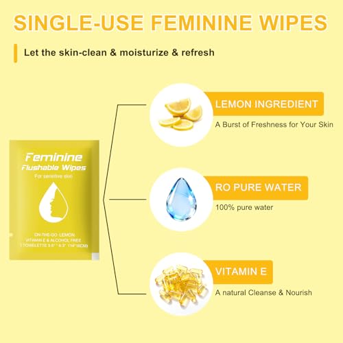 Image of twoworld 50 Feminine Wipes Flushable Travel Individually Wrapped | Travel Wipes for Women,Feminine Care Wet Wipes Travel Size Vaginal Wipes for Adult,Girl and Homeless(Lemon)