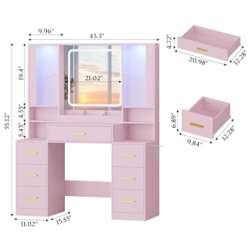 Image of HUANLEGO Makeup Vanity Desk with Mirror and LED Lights for Girls, Pink | Farmhouse Dressing Table Set for Women, LED Glass Cabinet, 7 Drawers, Power Outlet, Hair Dryer, 3 Lighting Modes