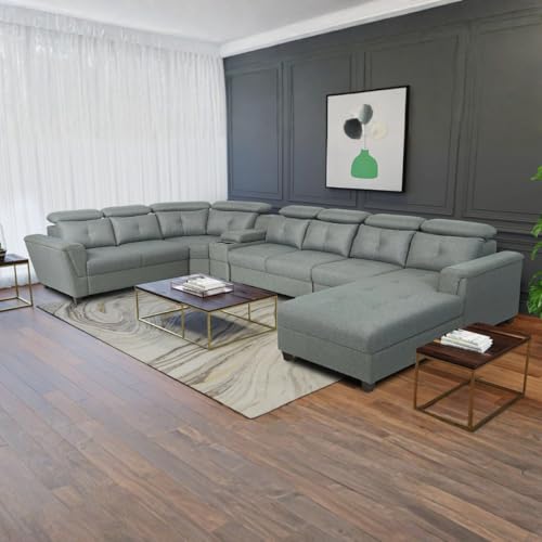 Image of Torque Arnold Fabric 8 Seater Sofa with Lounger and Cup Holder Light Grey | Corner Sofa Couch with Moveable Headrest | U Shape Sectional Sofa Set Living Room Office Home