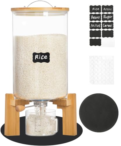 Famyards 18-22 lbs Glass Rice Dispenser with Wooden Stand Flour and Cereal Container with Glass Measuring Cup & Labels & Slider mat Pantry Food Organization Storage Bin with Airtight Bamboo Lid, 11L