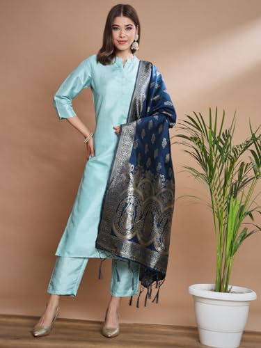 Image of VredeVogel Women's Cotton Silk Blend Straight Kurta Trouser With Dupatta Set