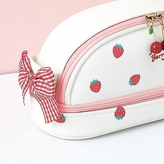 Image of M.F.H Strawberry Print Makeup & Pencil Pouch for Girls | Cute Pink Travel Cosmetic Bag with Bow, Dual Zipper & Spacious Storage | Stylish Stationery Organizer (Pack of 1)