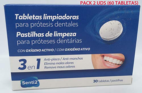 TABLETAS EFERVESCENTES LIMPIADORAS PARA PRÓTESIS DENTALES SENTI2 - CON OXÍGENO ACTIVO 3 EN 1 - PACK 30 + 30 (60 TABLETAS) FABRICADO EN ALEMANIA
