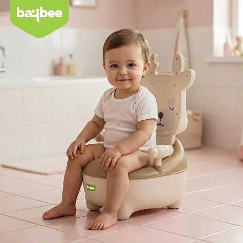 Image of Baybee Deer Baby Potty Seat for Kids 2 to 5 Years with Back Support | Foldable Toilet Seat with Removable Drawer & Cleaning Brush | Premium Potty Training seat | Kids Toilet Chair Boys Girls (Beige)