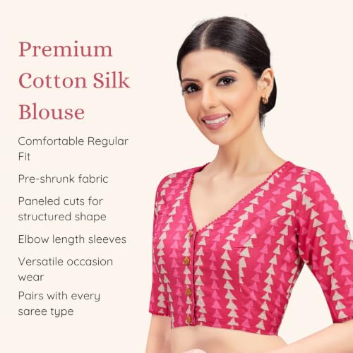 Image of Studio Shringaar Women's Cotton Block Printed Elbow Length Sleeves Saree Blouse.