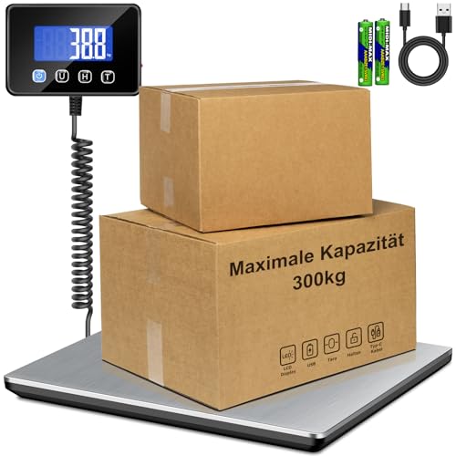 RAOYAN Paketwaage 300kg Plattformwaage 20g Genauigkeit Briefwaage Kofferwaage für Pakete/Lager/Gepäck Paketwaage mit LCD/Hold/Tara Funktion Batterien&Typ-C