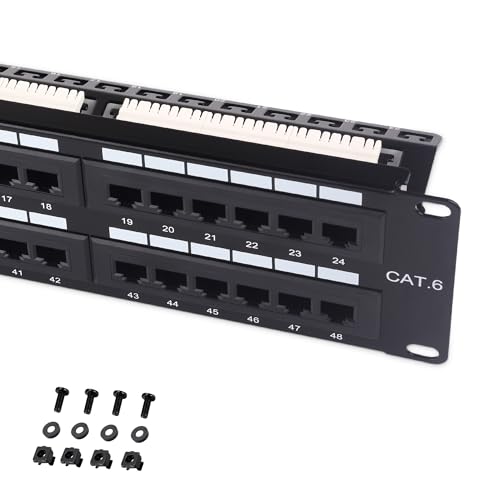 [UL Listed] Cable Matters 48 Port Patch Panel Rackmount or Wall Mount 19-Inch with Support Bar, 2U Cat6 Network Patch Panel for 10 Gigabit Ethernet, 110 or Krone Impact Tools Compatible