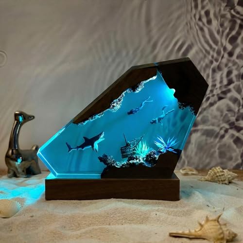 Image of Drawelry Ocean Creative Epoxy Resin Wood Light Lamp, Handmade Multi Color Aquatic Ocean Lamp Deep Sea Cave Diving Enthusiasts Led Night Light Desktop Decor Birthday Gift (White Shark, M)